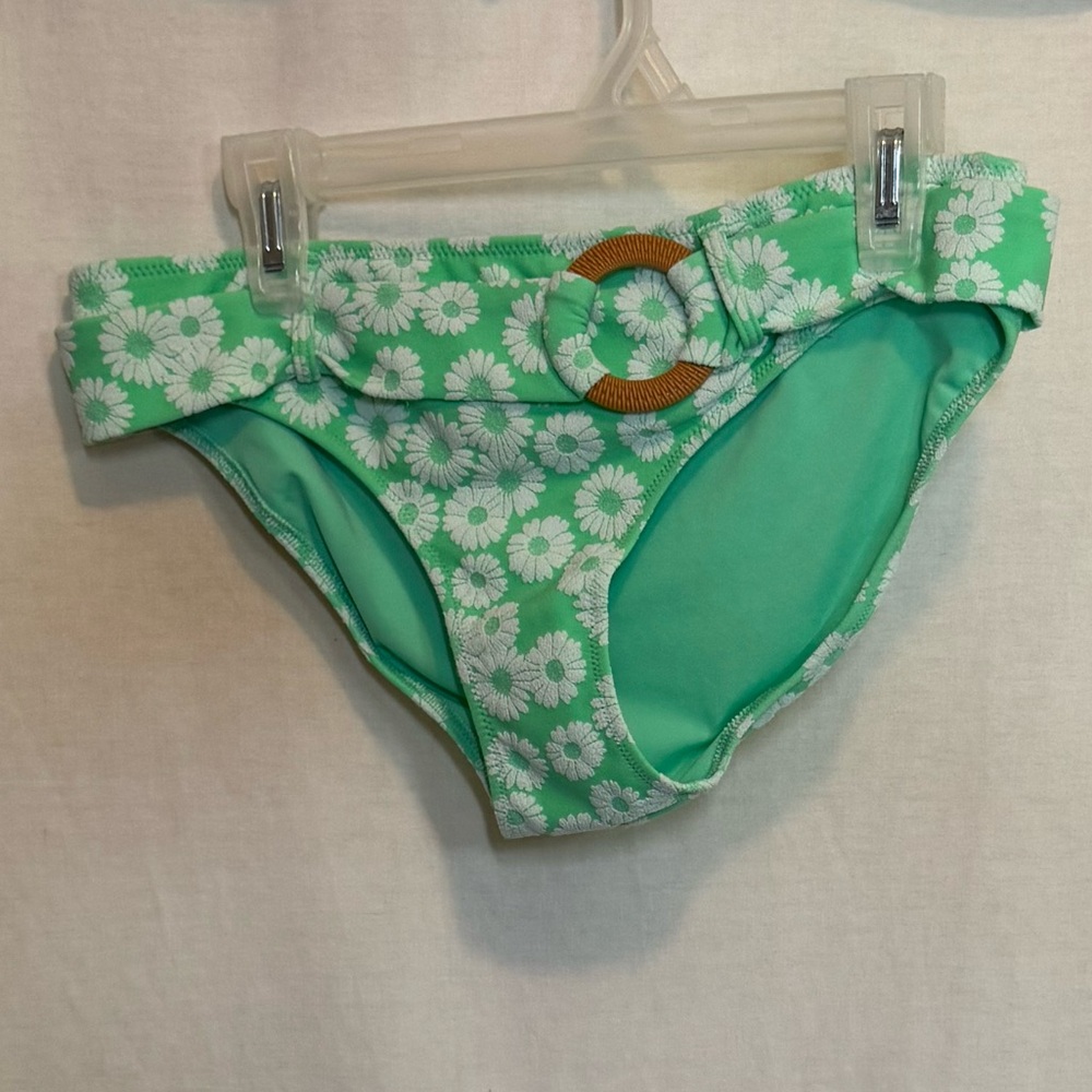 AA-496 Aerie NWT Belted Green &‎ White Floral Summer Swim Bikini Bottoms Size S